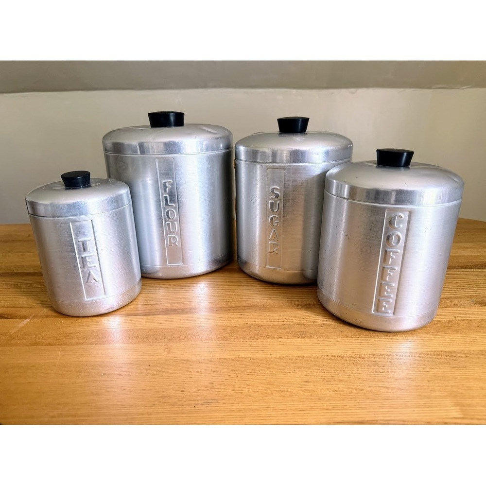 VTG Mid-Century Brushed Aluminum Canister Set Of 4 With Lids 1950s MCM Retro